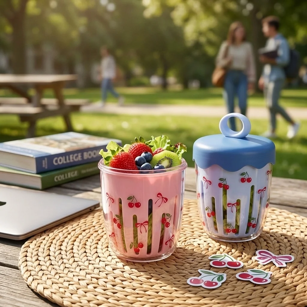 Food Or Snacks - Kunststoff-Obstsalatbecher mit Deckel, Abtropfsieb, Gabelgriff, Kinder-Schul-Bento-Lunchbox,
